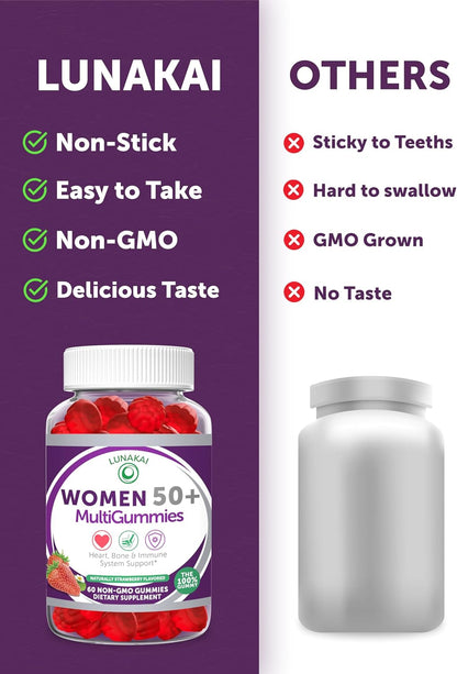Lunakai Made in USA 50 Plus Women's Multivitamin Gummies - Delicious Strawberry Flavour - 60 Count