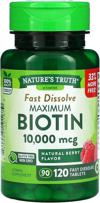 Nature's Truth Maximum Biotin 10,000 mcg Fast Dissolve Tabs Berry - 120 ct, Pack of 2