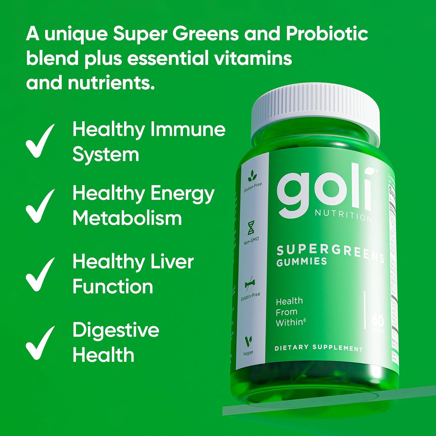 Goli SuperGreen Vitamin Gummy - 60 Gummies - Essential Vitamins and Minerals - Plant-Based, Vegan, Gluten-Free & Gelatine-Free - Health from Within - görsel 2