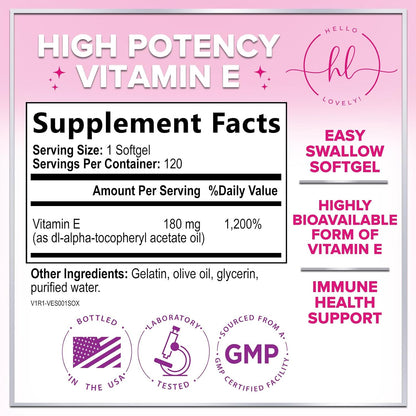 Hello Lovely! Vitamin E 180 mg Soft gel capsules - Immune Function & Antioxidant Support - 120 Soft gel capsules