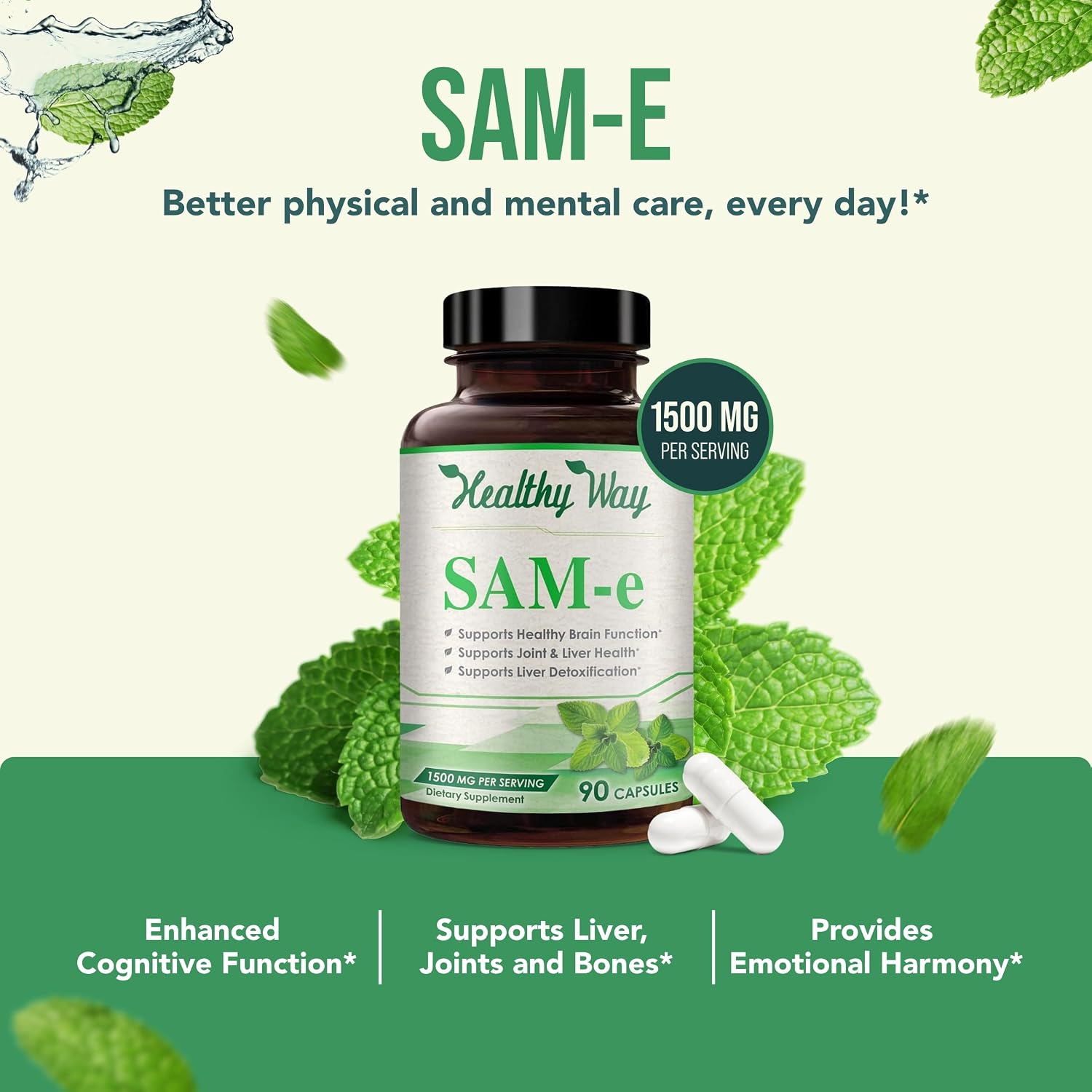 HealthyWayRx SAM-e 1500mg Capsules – High Strength S-Adenosyl-L-Methionine for Joint, Brain and Mood Support – Non-GMO, High Absorption (90 Capsules) - görsel 3
