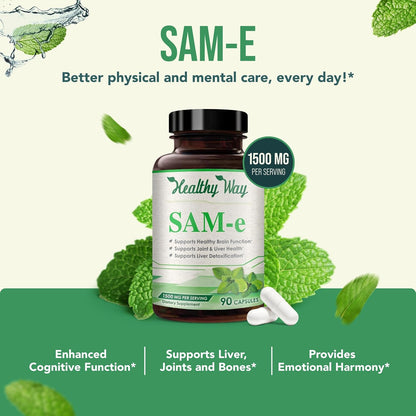HealthyWayRx SAM-e 1500mg Capsules – High Strength S-Adenosyl-L-Methionine for Joint, Brain and Mood Support – Non-GMO, High Absorption (90 Capsules)