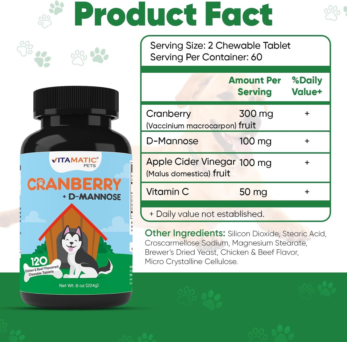 Vitamatic Cranberry for Dogs – 120 Chewable Tablets – Urinary Tract & Bladder Support with D-Mannose, Apple Cider Vinegar & Vitamin C - görsel 2