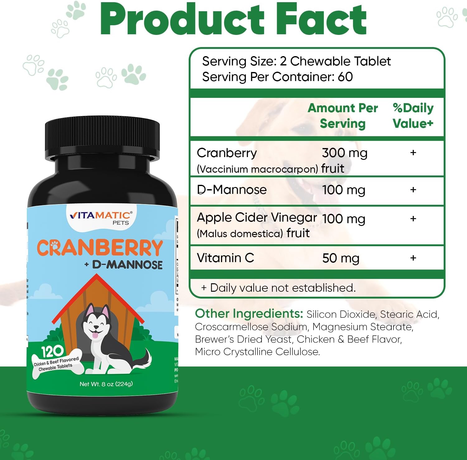 Vitamatic Cranberry for Dogs – 120 Chewable Tablets – Urinary Tract & Bladder Support with D-Mannose, Apple Cider Vinegar & Vitamin C - görsel 2