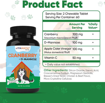 Vitamatic Cranberry for Dogs – 120 Chewable Tablets – Urinary Tract & Bladder Support with D-Mannose, Apple Cider Vinegar & Vitamin C