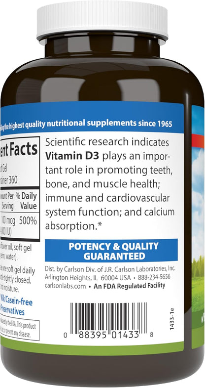Carlson Vitamin D3 4000 IU (100 mcg) – Bone and Immune Health Supplement, 360 Softgels