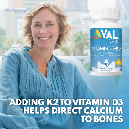 VAL Vitamin D3 + K2 (MK-7) 5000 IU & 90 mcg – Bone and Immune Support – High Potency, Non-GMO, Easy to Swallow – 90 Vegan Capsules
