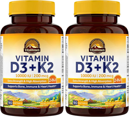 Vitalitown Vitamin D3 K2 Supplement, Vitamin D3 10000 IU Vitamin K2 (MK7) 200 mcg, 300 Softgels, Non-GM, Gluten and Soya Free, for Bone, Teeth, Immune and Heart Health