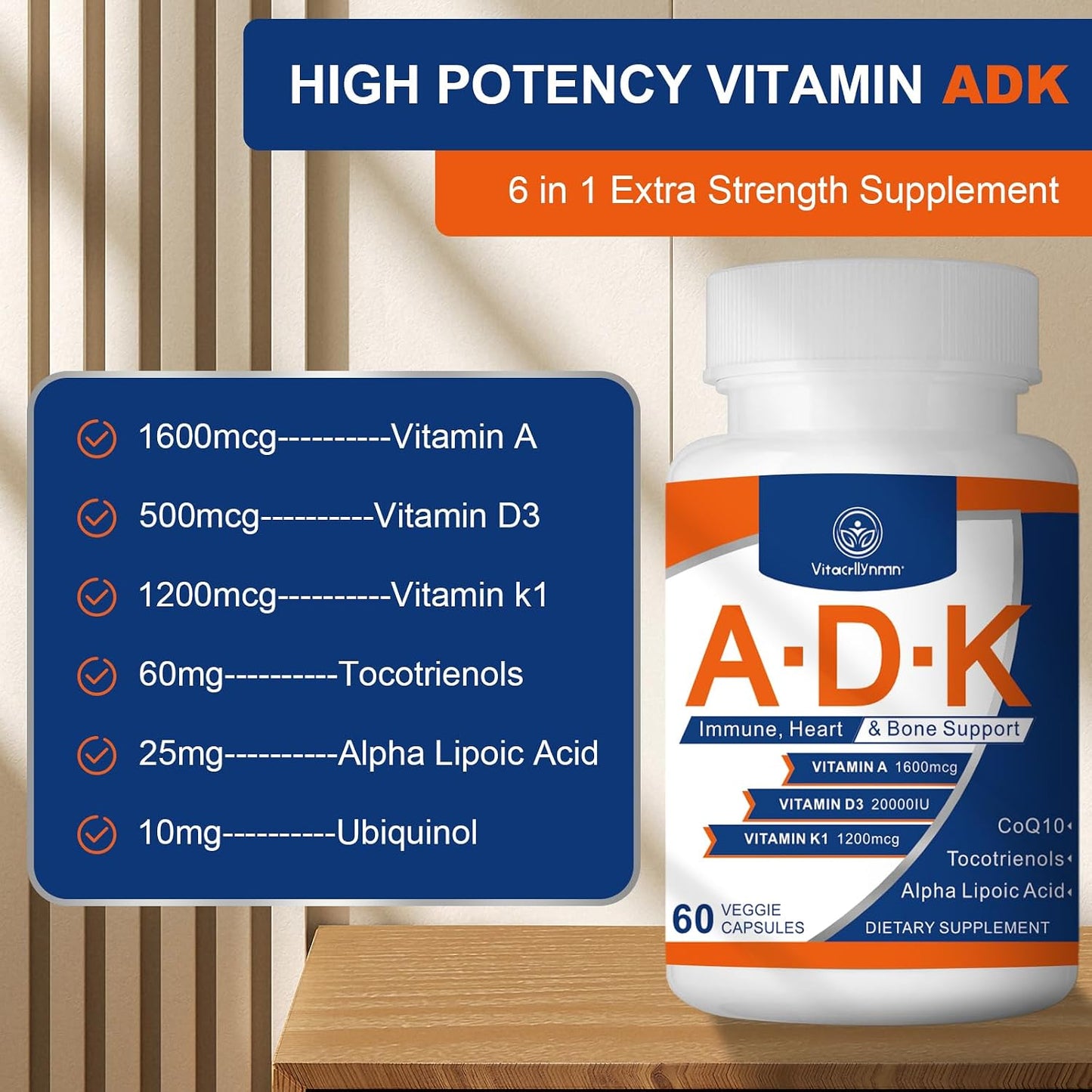 ADK Vitamin Supplement 20,000 IU – High Potency Vitamins A, D3 & K1 for Heart, Bone Health & Immune Support (120 Capsules) - görsel 3