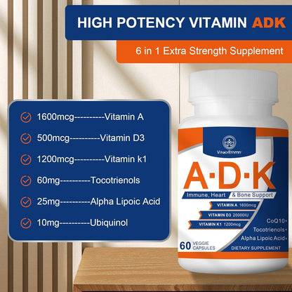 VITACRLLYNMN ADK Vitamin Supplement 20000 IU – High Potency Vitamins A, D3 and K for Bone, Heart and Immune Support, 180 Capsules