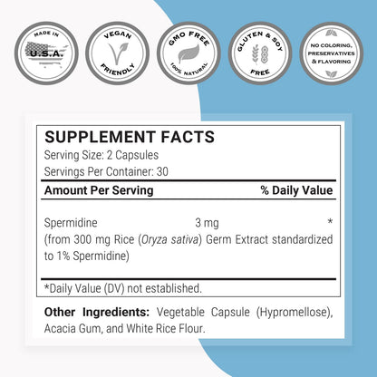Supersmart – Spermidine 3 mg per Day – Rice Starch Extract Supplement | Non-GMO & Gluten-free – 60 Vegetarian Capsules