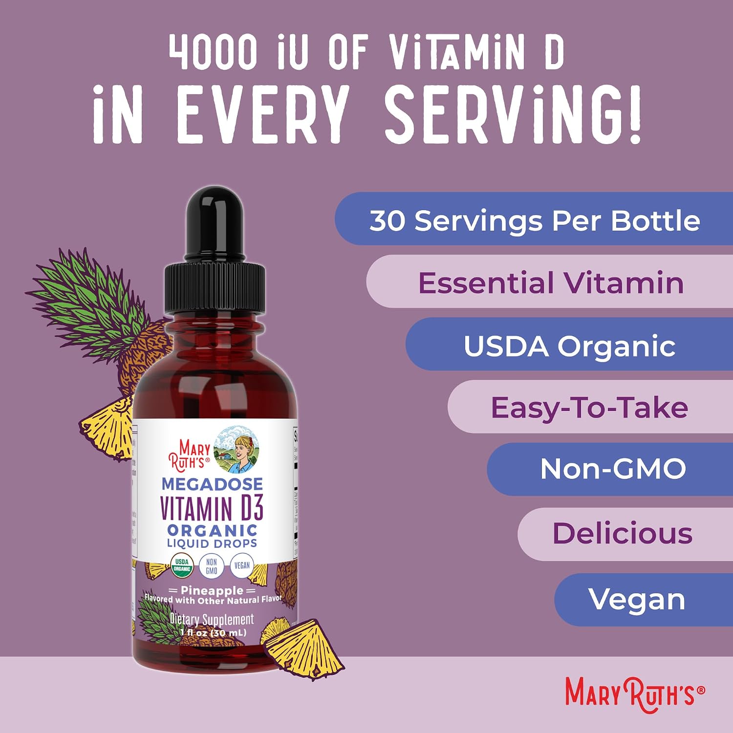 MARYRUTH'S Vitamin D3 Liquid Drops | Megadose 4000 IU | USDA Organic Liquid Vitamin D Spray for Adults & Kids | Immune Support & Bone Health | Vegan | Gluten-free | Non-GMO | 30 Servings - görsel 7