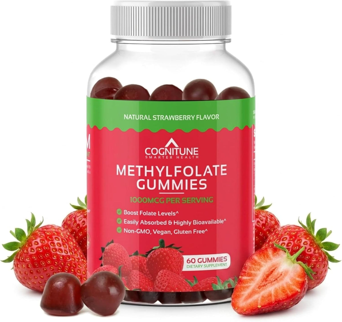 CogniTune Methylfolate Gummies - L-Methylfolate 1000mcg 5-MTHF Folate Supplement for Kids and Adults - Strawberry Chewable Vitamin B9 - Non-GMO Vegan - 60 Gummies - görsel 1