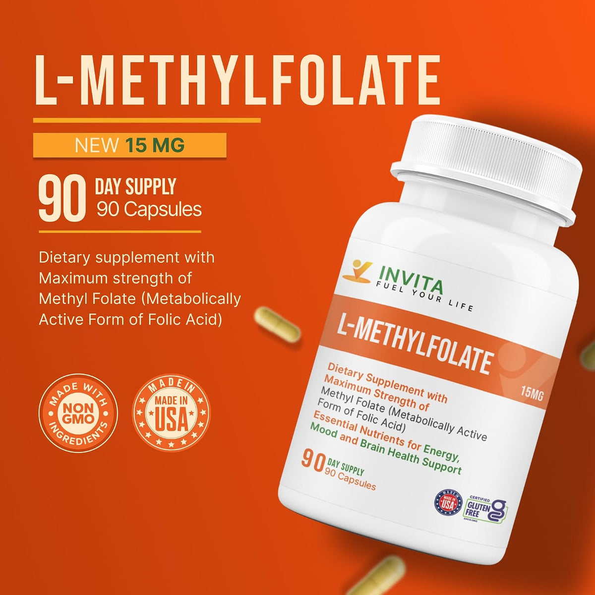 INVITA L-Methylfolate 15mg – Physician Formulated Active Methyl Folate - 5-MTHF Supplement for Energy, Mood & Brain Health Support - Non GMO, Gluten-free, 90 Capsules (3 Month Supply) - görsel 3