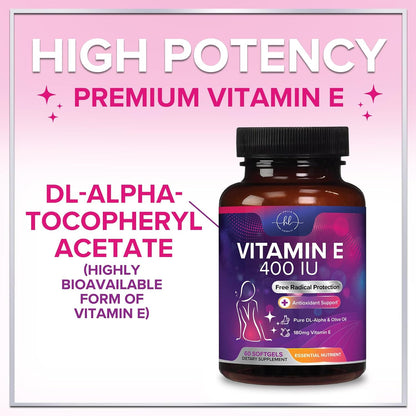 Vitamin E 180 mg - dl-Alpha Tocopherol Soft gel capsules for Hair, Skin and Immune Support - 60 Soft gel capsules