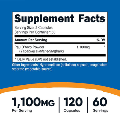 Nutricost PAU D'Arco Inner Bark 1100mg, 120 Vegetarian Capsules (60 Serv) - Non-GMO & Gluten-free