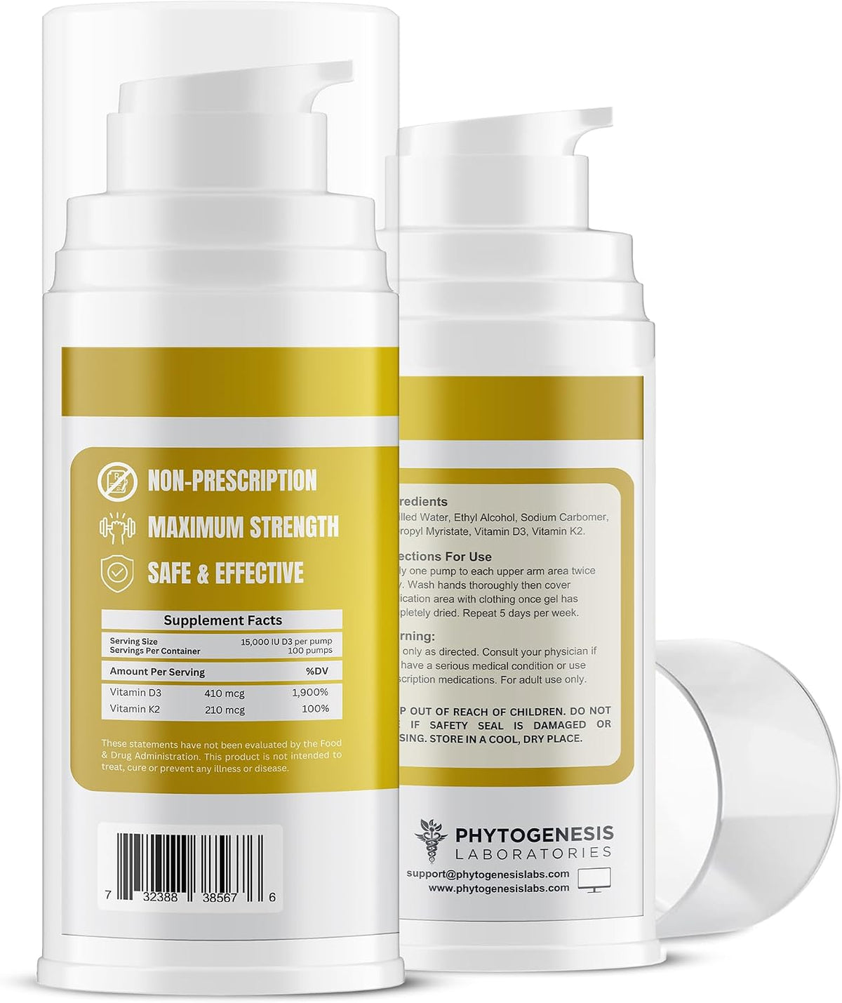 Phytogenesis Vitamin D3 K2 High Strength Topical Gel - 15000+ IU D3 & 210 mcg K2 per Pump - Immune, Bone & Joint Support - One Month Supply - görsel 2
