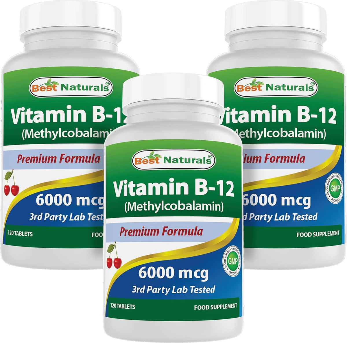 Best Naturals Vitamin B-12 as Methylcobalamin (Methyl B12), 6000 mcg, 120 Sublingual Tablets (Pack of 3) - görsel 1