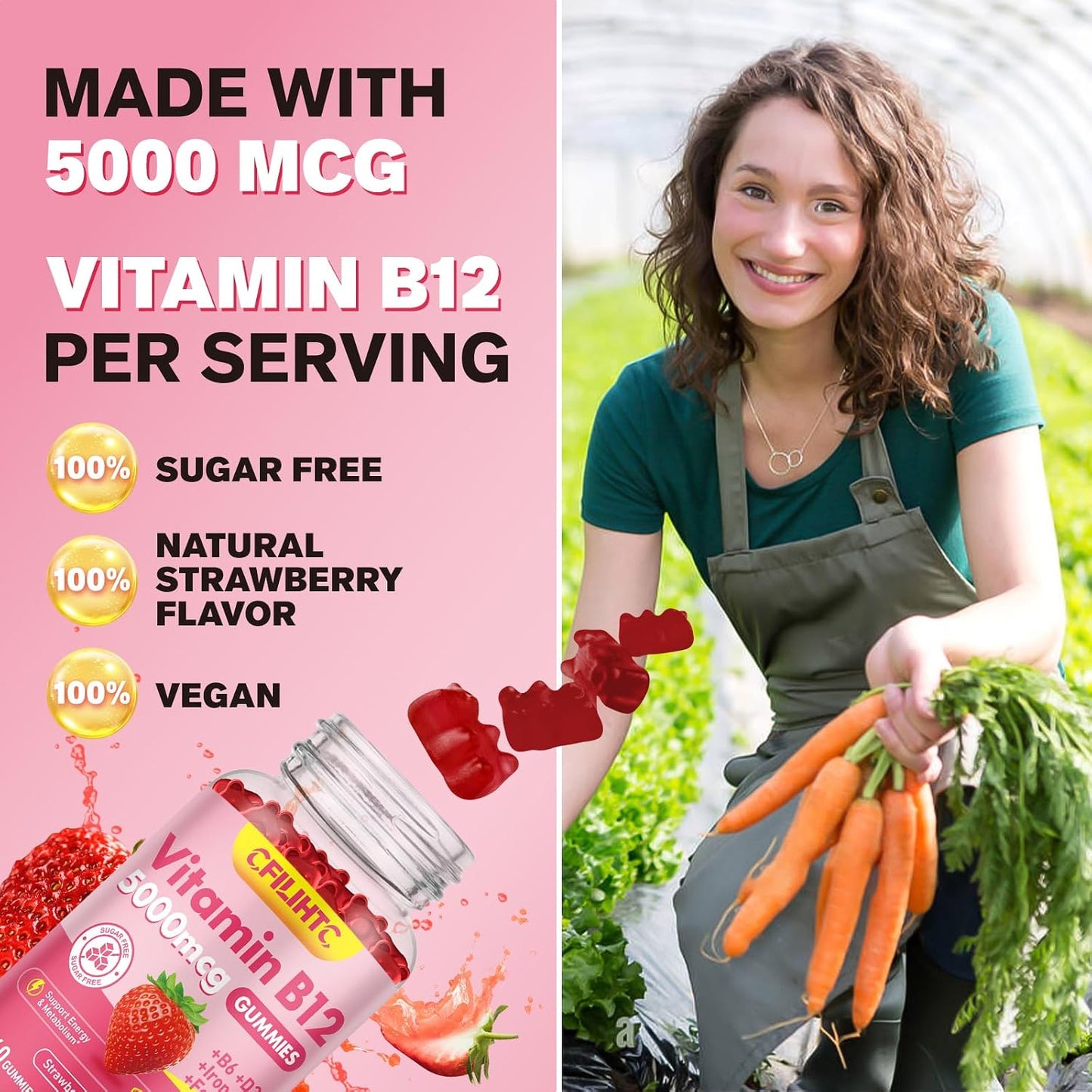 Vitamin B12 Gummies with Methylcobalamin, B6, D3, Iron & Folate - 5000mcg - Sugar-free Strawberry - Vegan & Non-GMO - görsel 4