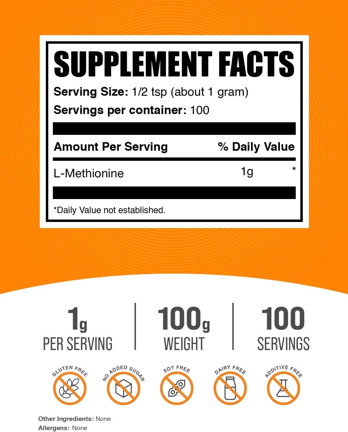 BulkSupplements.com L-Methionine Powder - Essential Amino Acids Supplement, Choline Support, Antioxidant - Gluten-free, 1g per Serving, 100g (3.5 oz) (Pack of 1) - görsel 2