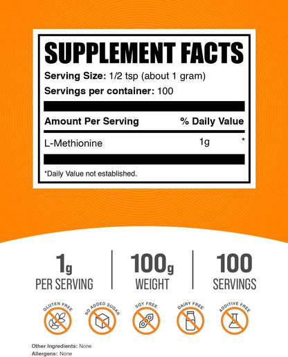 BulkSupplements.com L-Methionine Powder - Essential Amino Acids Supplement, Choline Support, Antioxidant - Gluten-free, 1g per Serving, 100g (3.5 oz) (Pack of 1)