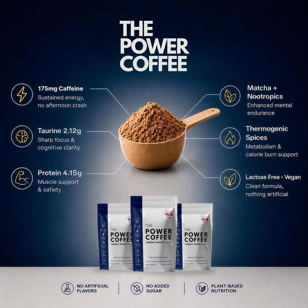The Power Coffee – Nootropic Supplement with Matcha, Ginkgo & Taurine | All-Day Energy & Focus | Vegan, Keto, Sugar-Free | 150g (15 Servings) - görsel 2