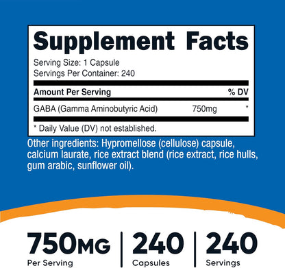 Nutricost GABA (Gamma Aminobutyric Acid) 750mg, 240 Capsules