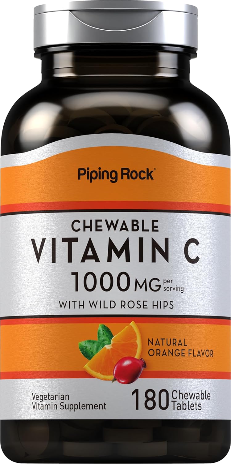 Piping Rock Vitamin C 1000mg Chewable Tablets with Rose Hips - Orange Flavour - 180 Count - görsel 1