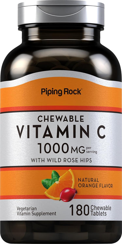 Piping Rock Vitamin C 1000mg Chewable Tablets with Rose Hips - Orange Flavour - 180 Count