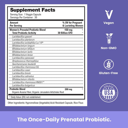 Prenatal Probiotics for Women - 30 Billion CFU, 17 Strains + Organic Prebiotics - Vegan Capsules