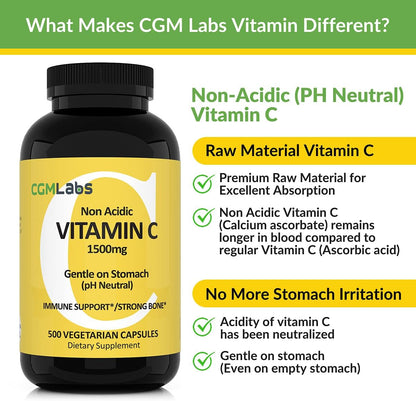 CGMLABS Non Acidic Vitamin C Food Supplement 1500mg with Calcium - Gentle on the Stomach, Immune & Bone Support (500 Capsules)
