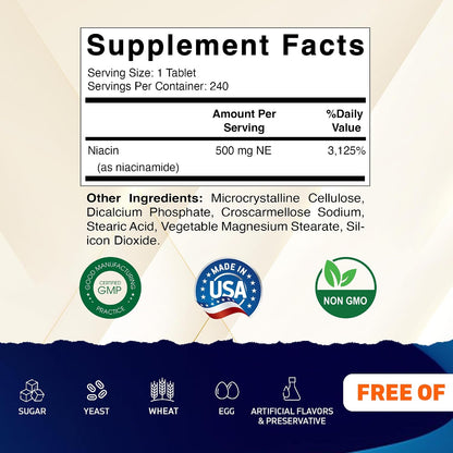 Vitamatic Niacinamide 500 mg 240 Tablets - Flush Free Vitamin B3 - Supports Energy Metabolism