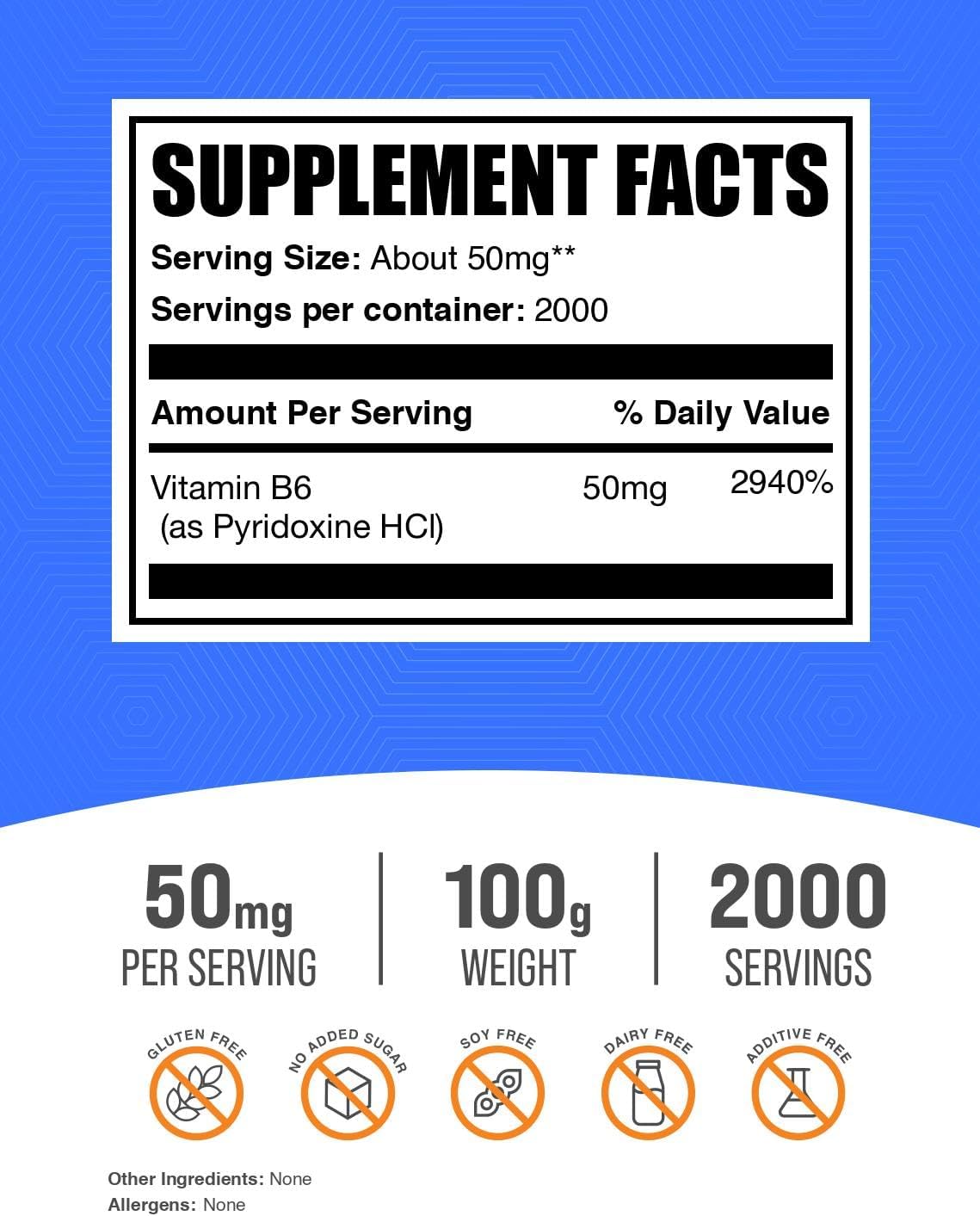 BulkSupplements.com Pyridoxine HCl Powder - Vitamin B6 Supplement, Gluten-free, 50mg per Serving, 100g - görsel 2