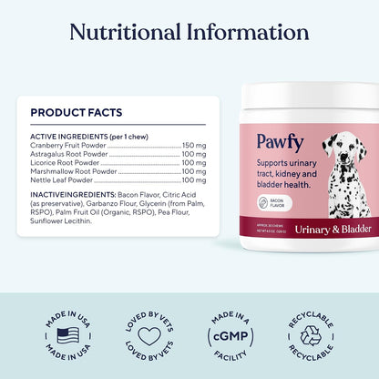 Pawfy Dog UTI Supplement | Cranberry & D-Mannose for Urinary Tract & Bladder Health | Dog Vitamins and Supplements - 30 Chews