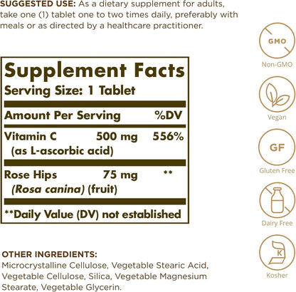 Solgar Vitamin C 500 mg with Rose Hips, 100 Tablets