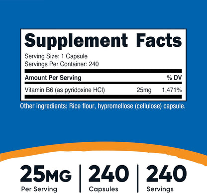 Nutricost Vitamin B6 (Pyridoxine HCl) 25mg, 240 Capsules – Non-GMO, Gluten-free and Vegetarian Friendly