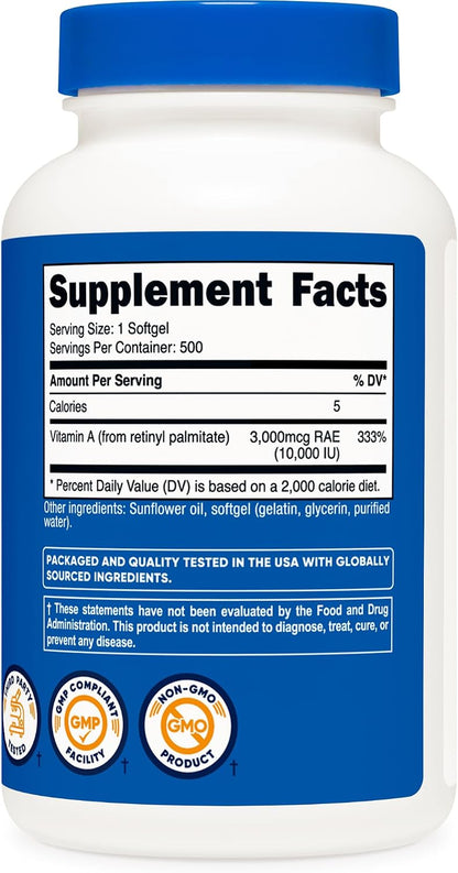 Nutricost Vitamin A 10,000 IU, 500 Softgels (3 Bottles)