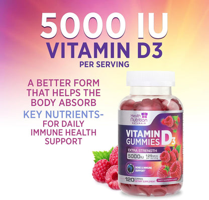 Health Nutrition Naturals Vitamin D3 Gummies 5000 IU – Contributes to Normal Immune Function and Bone Maintenance, Raspberry Flavoured, 120 Gummies