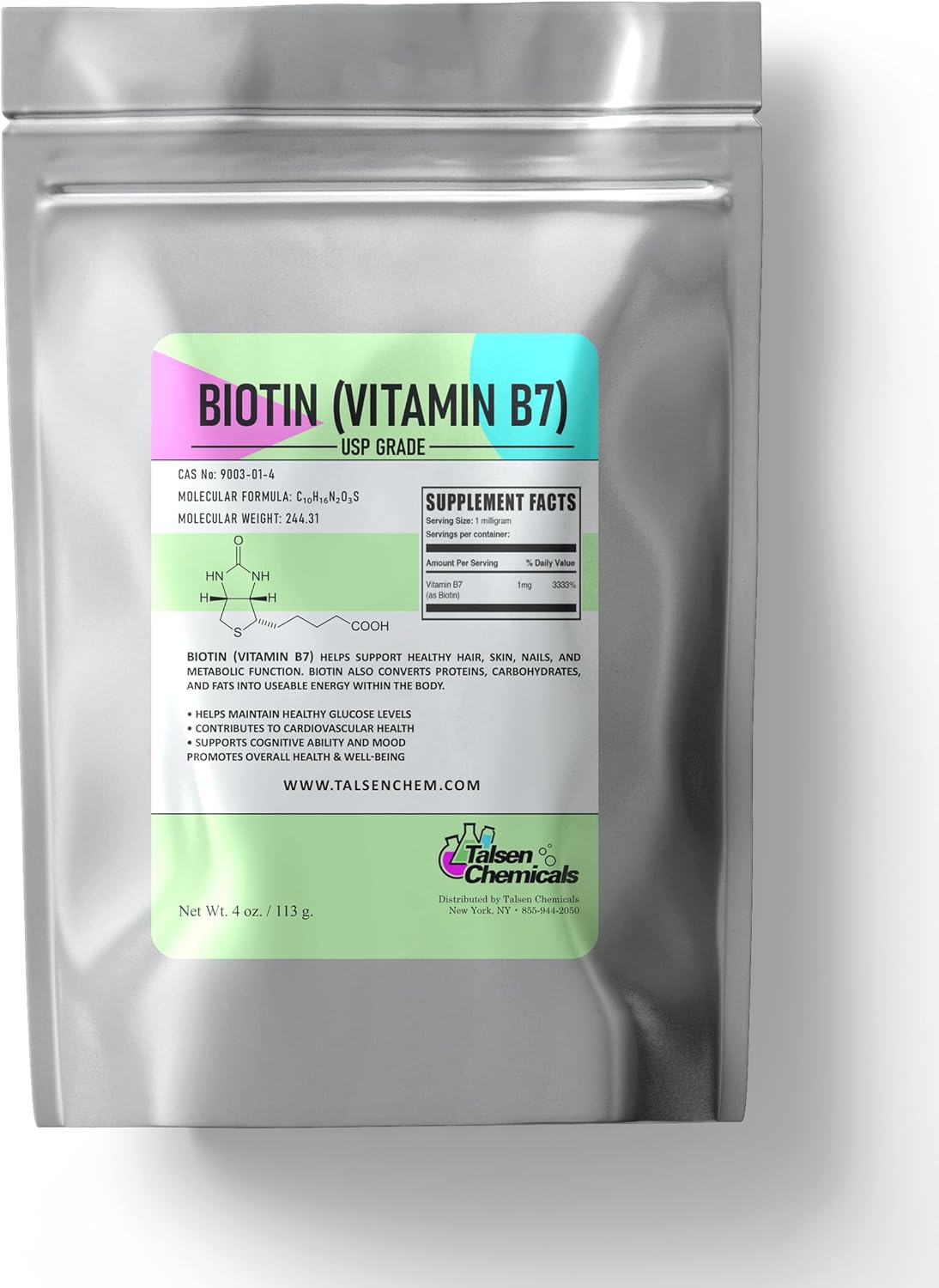 Talsen Chemicals Biotin (Vitamin B7) Powder - Non-GMO, Gluten-Free - 113g - görsel 1