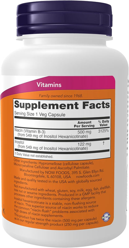 NOW Foods Niacin (Vitamin B-3) 500 mg, Flush-Free, Double Strength
