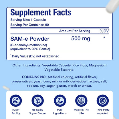 SAM-e 500mg Supplement – S-Adenosyl-L-Methionine for Mood & Bone Support, 90 Capsules
