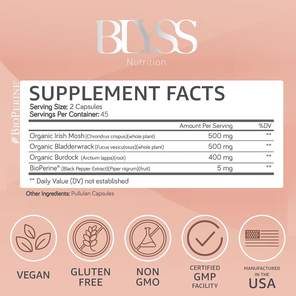 Organic Irish Sea Moss Capsules with Burdock Root, Bladderwrack and Bioperine Black Pepper - for Energy, Gut Health, Thyroid & Anti-Ageing - Vegan - 60 ct - görsel 2