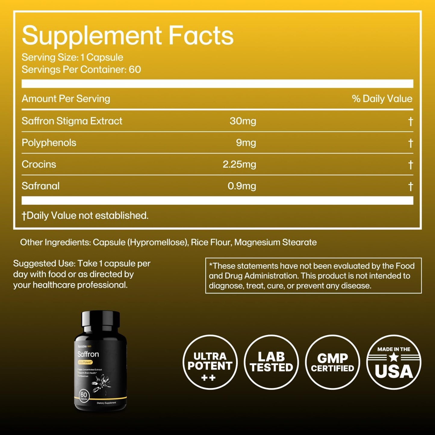 Notable Ultra-Potent Saffron Extract Capsules | 30mg | 60-Day Supply - görsel 2