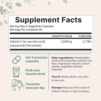 Liposomal Vitamin C 2,500mg, 240 Veggie Capsules – Immune Support & Antioxidant Supplement