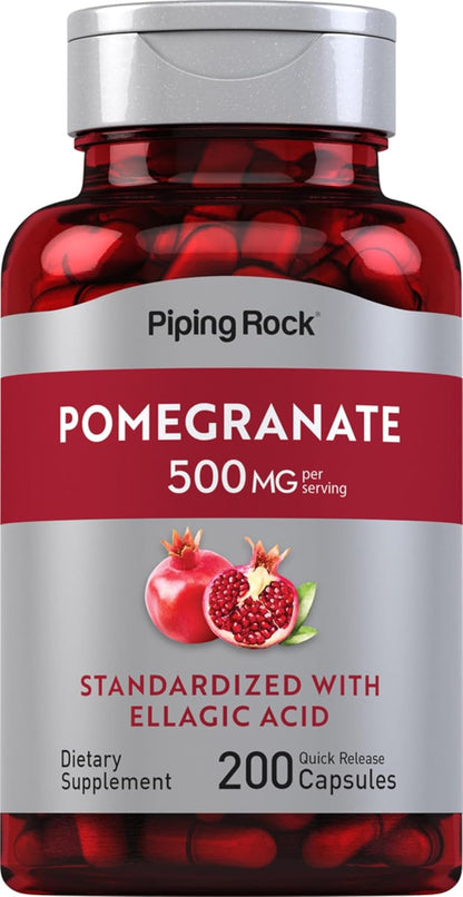 Piping Rock Pomegranate Extract Capsules | 500 mg | 200 Capsules | Standardised Formula with Ellagic Acid | Non-GMO and Gluten-free Food Supplement