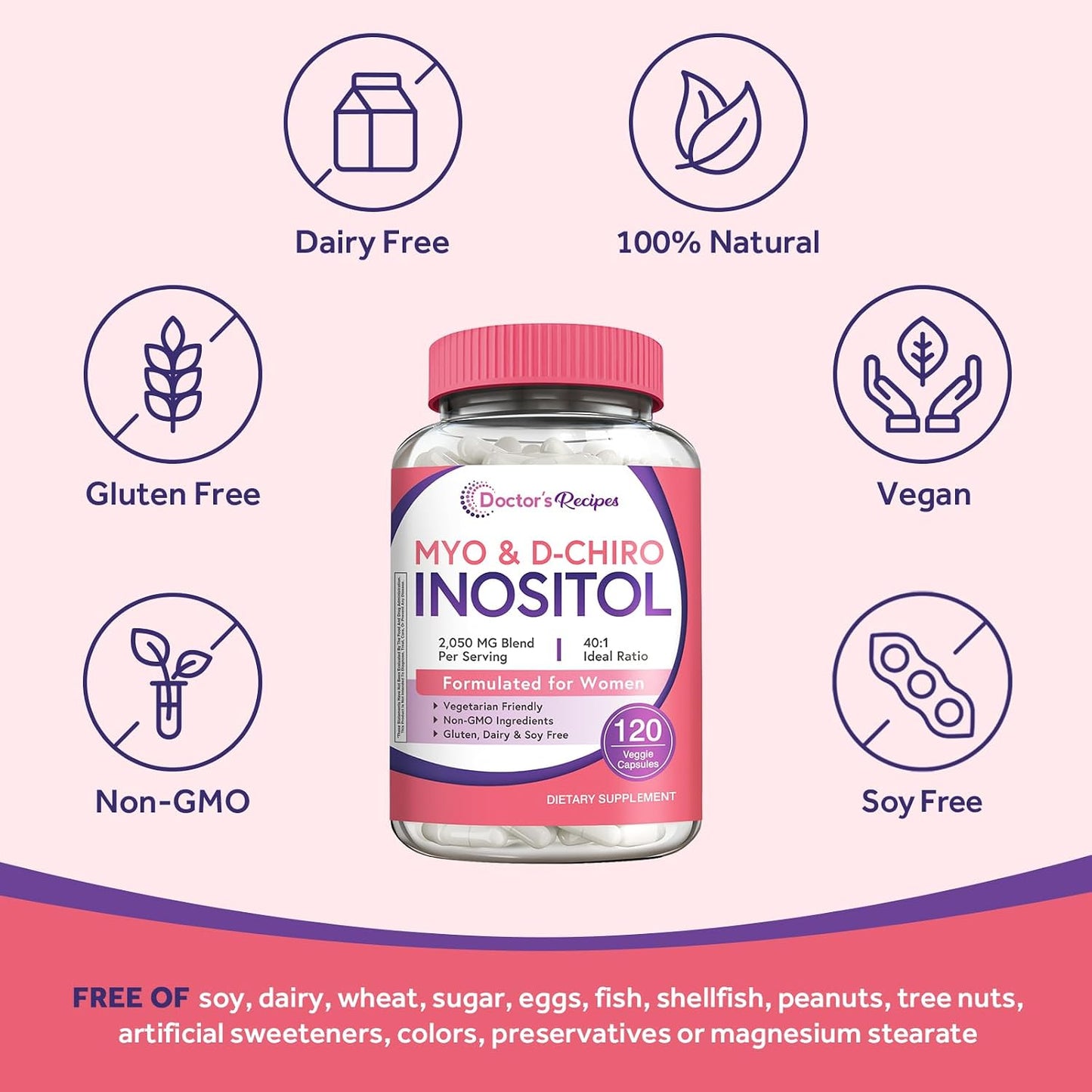 Doctor's Recipes Inositol Food Supplement for Women – Myo-Inositol & D-Chiro Inositol Capsules 2050mg, 40:1 Blend, 120 Vegan Capsules - görsel 5