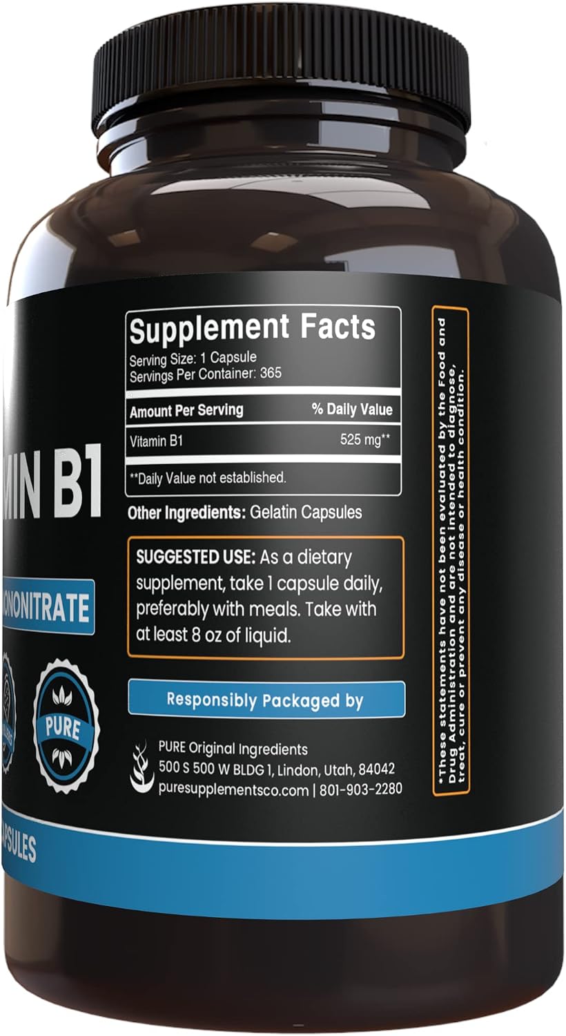 PURE ORIGINAL INGREDIENTS Vitamin B1 (Thiamine Mononitrate) (365 Capsules) No Magnesium or Rice Fillers, Always Pure, Laboratory Verified - görsel 3