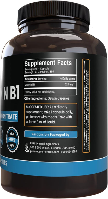 PURE ORIGINAL INGREDIENTS Vitamin B1 (Thiamine Mononitrate) (365 Capsules) No Magnesium or Rice Fillers, Always Pure, Laboratory Verified