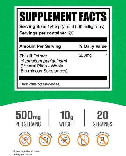 BulkSupplements.com Shilajit Extract Powder – Fulvic Acid Supplement, Gluten-free, 500mg per Serving, 10g (Pack of 1)