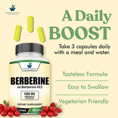 American Standard Supplements Berberine Capsules 1800mg Per Serving, 90 Vegetable Capsules